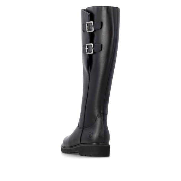Remonte D3S74-00 women's wide black leather buckle detail side zip long boots, rear three-quarter view.