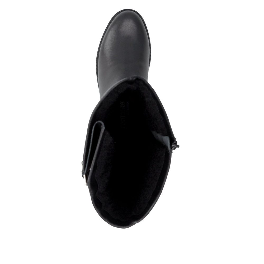 Remonte D3S74-00 women's wide black leather buckle detail side zip long boots, top view.