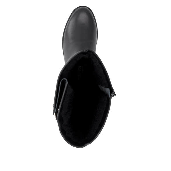 Remonte D3S74-00 women's wide black leather buckle detail side zip long boots, top view.