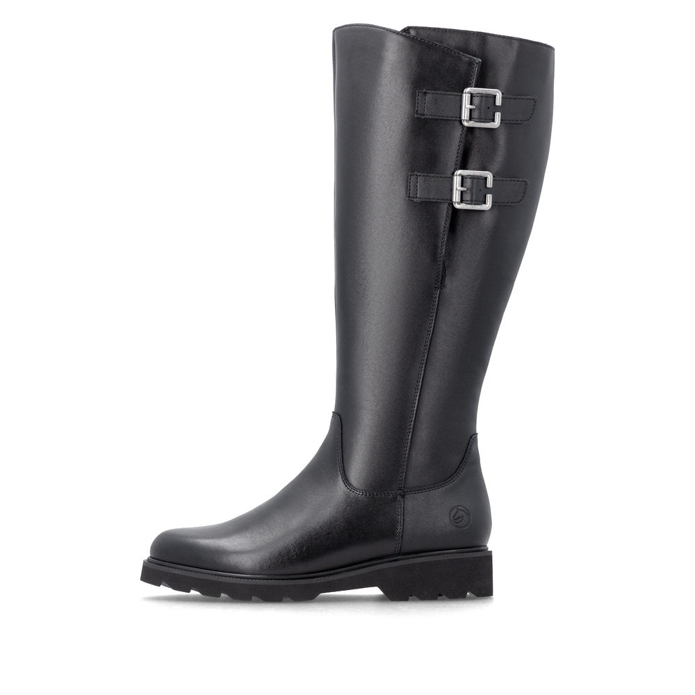Remonte D3S74-00 women's wide black leather buckle detail side zip long boots, inner side view.
