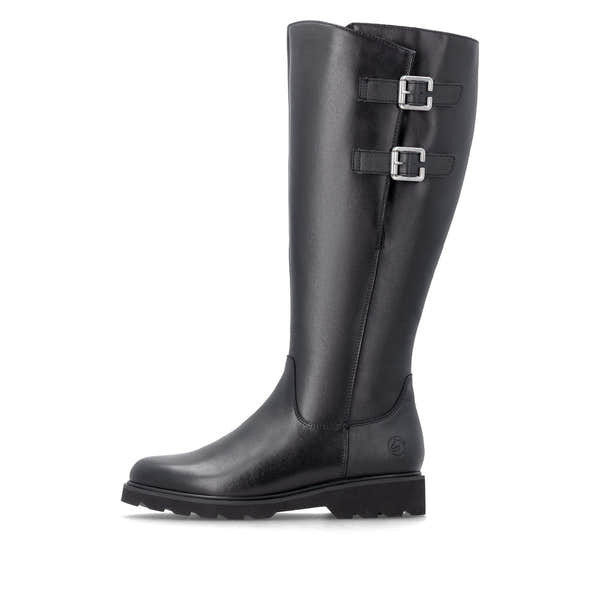 Remonte D3S74-00 women's wide black leather buckle detail side zip long boots, inner side view.