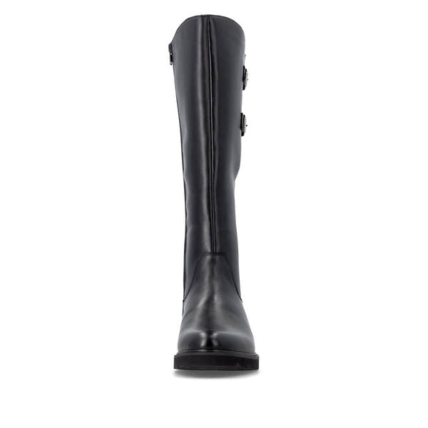 Remonte D3S74-00 women's wide black leather buckle detail side zip long boots, front view.