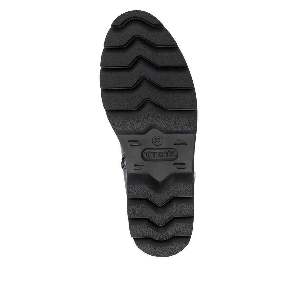 Remonte D3S74-00 women's wide black leather buckle detail side zip long boots, sole and tread view.