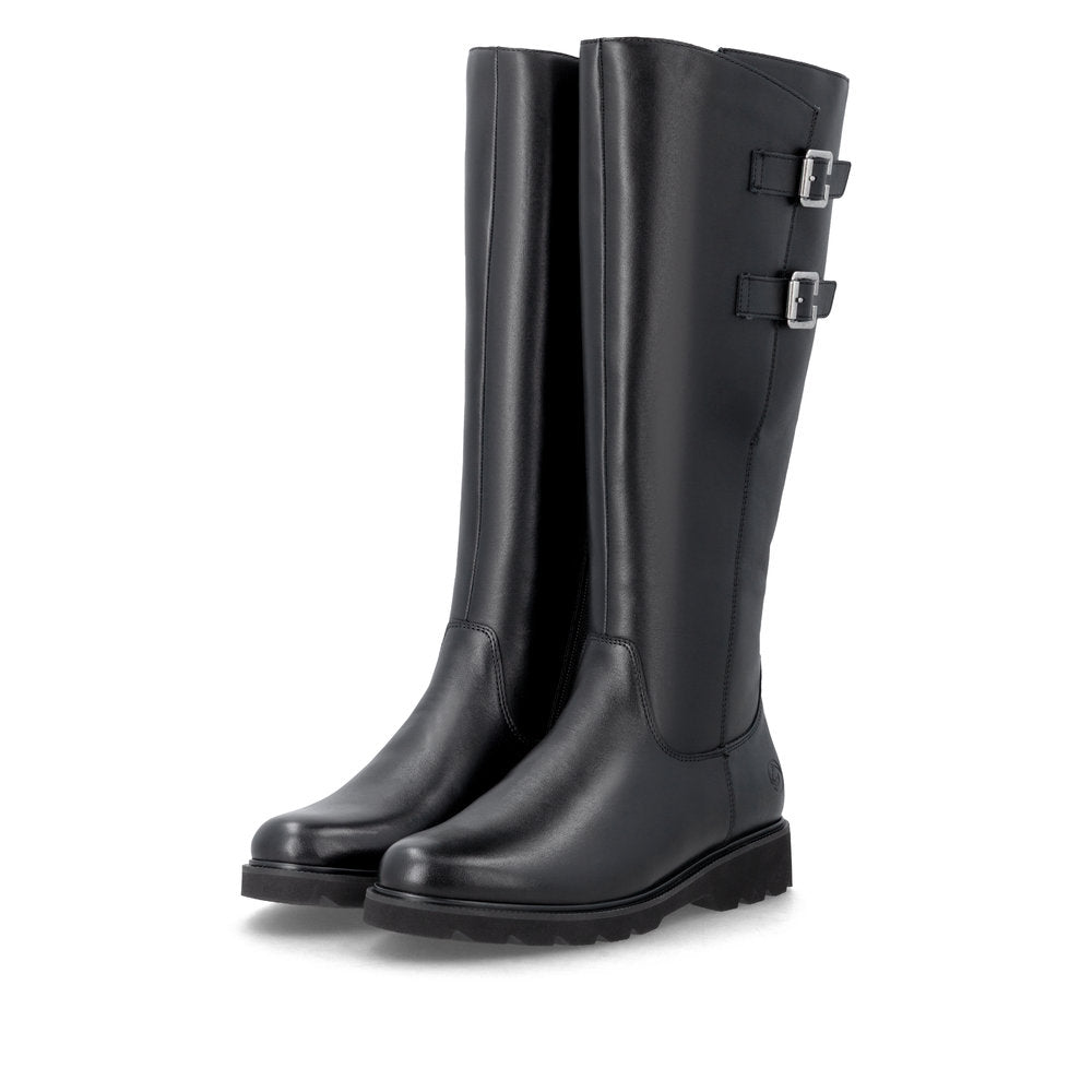 Remonte D3S74-00 women's wide black leather buckle detail side zip long boots, paired three-quarter view.