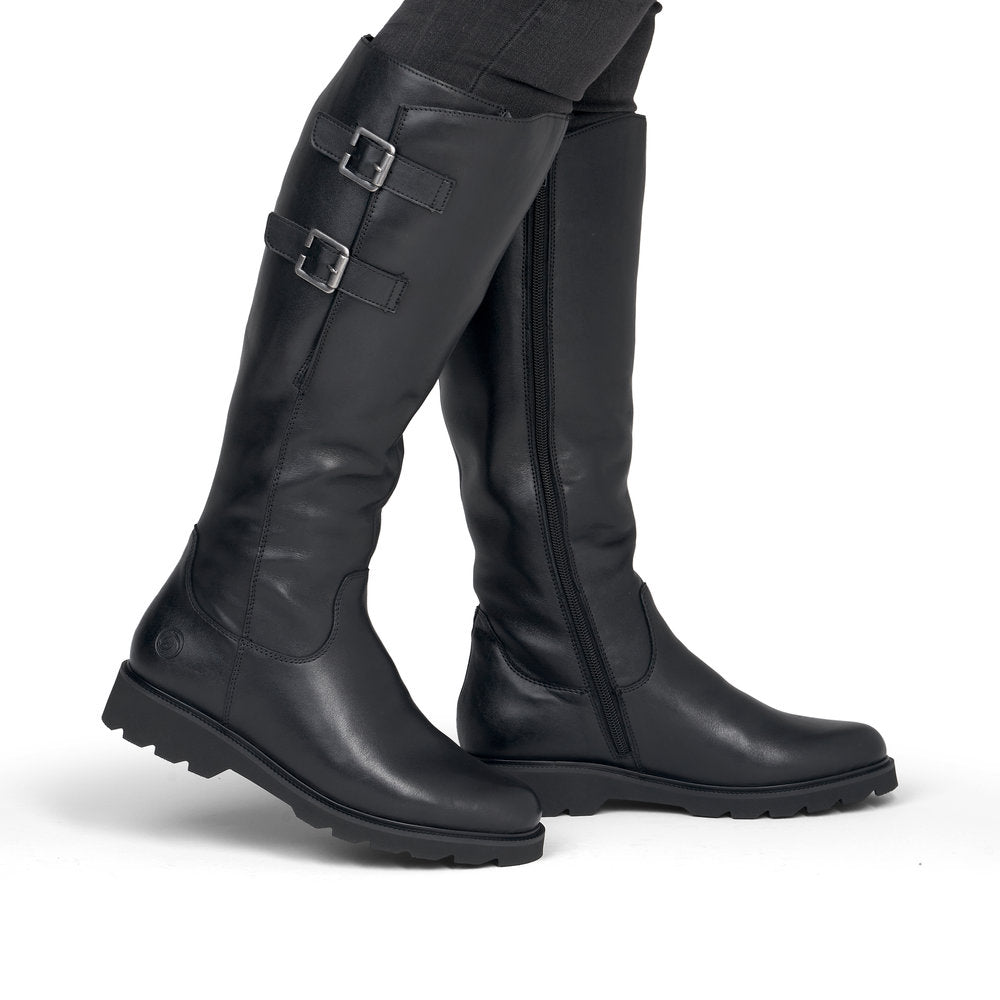 Remonte D3S74-00 women's wide black leather buckle detail side zip long boots, on-foot lifestyle view.