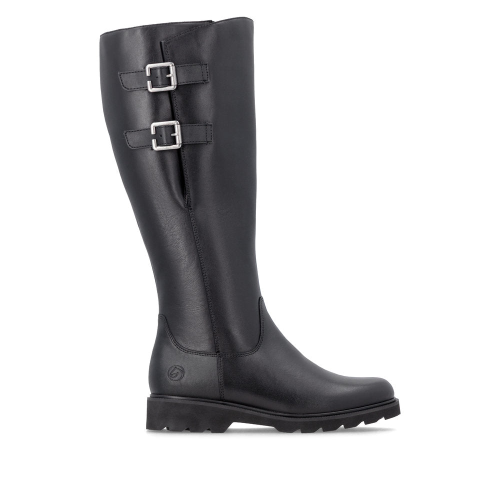 Remonte D3S74-00 women's wide black leather buckle detail side zip long boots, opposite side view.