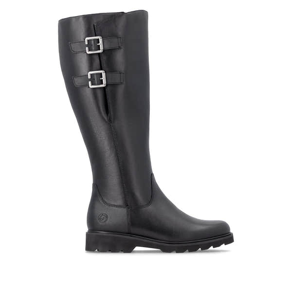 Remonte D3S74-00 women's wide black leather buckle detail side zip long boots, opposite side view.