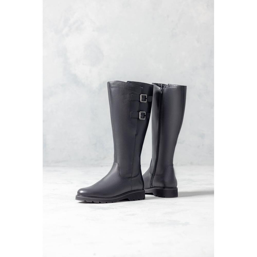 Remonte D3S74-00 women's wide black leather buckle detail side zip long boots, lifestyle view 4 of 5.