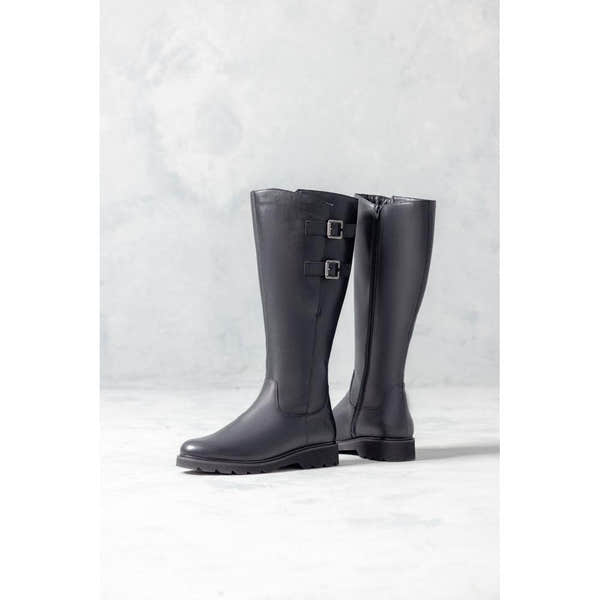 Remonte D3S74-00 women's wide black leather buckle detail side zip long boots, lifestyle view 4 of 5.