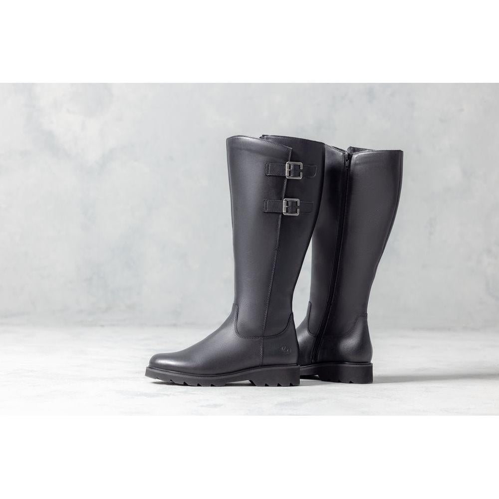 Remonte D3S74-00 women's wide black leather buckle detail side zip long boots, lifestyle view 5 of 5.