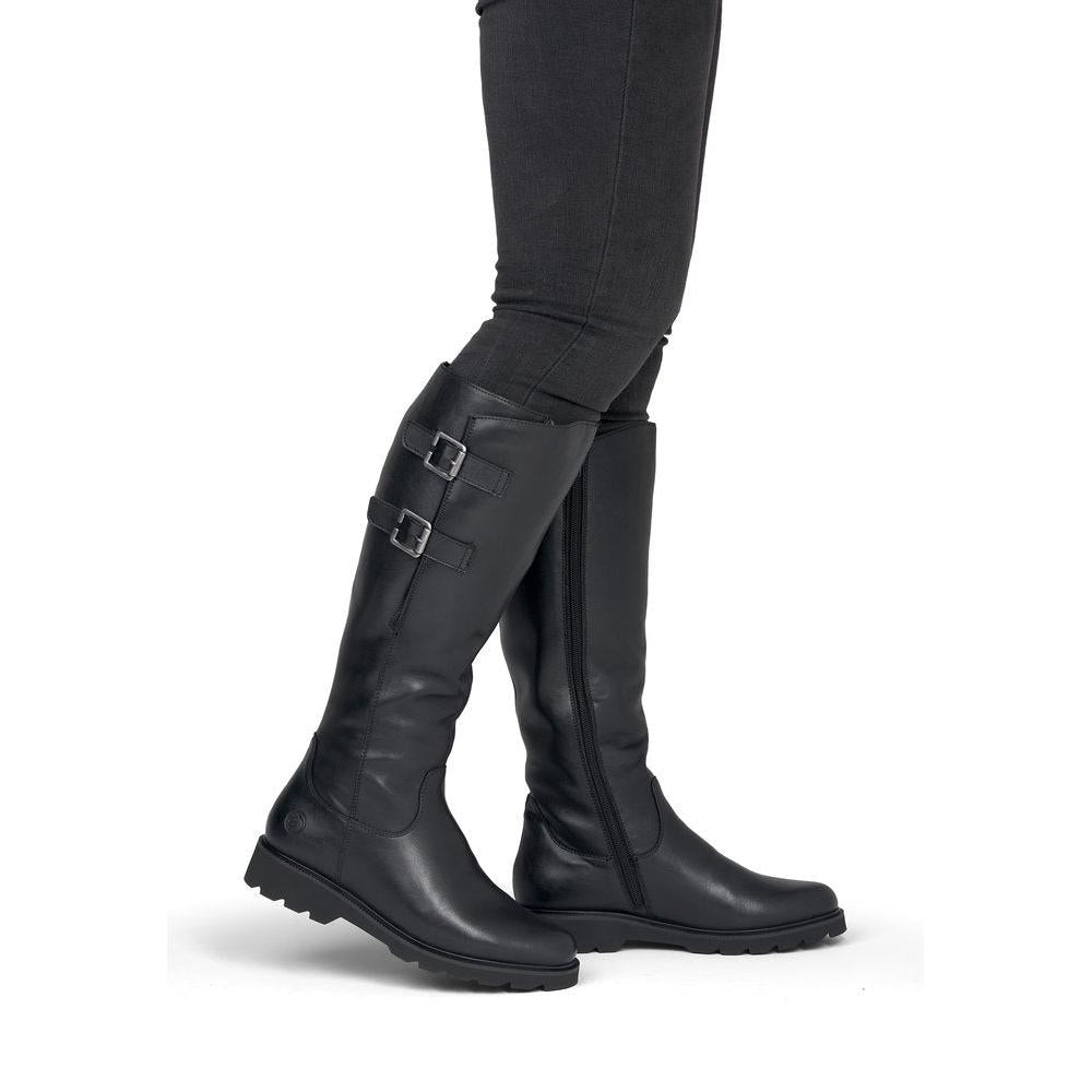 Remonte D3S74-00 women's wide black leather buckle detail side zip long boots, on-foot lifestyle view.