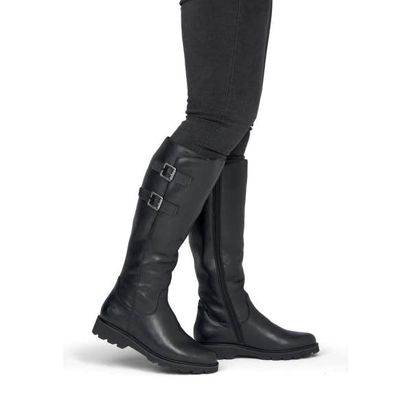 Remonte D3S74-00 women's wide black leather buckle detail side zip long boots, on-foot lifestyle view.