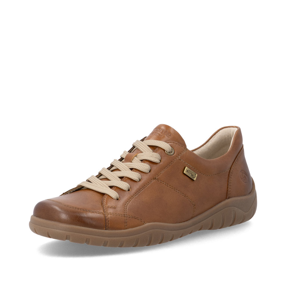 Remonte D3T00-24 women's wide brown leather water resistant zip & lace shoes, front three-quarter view.