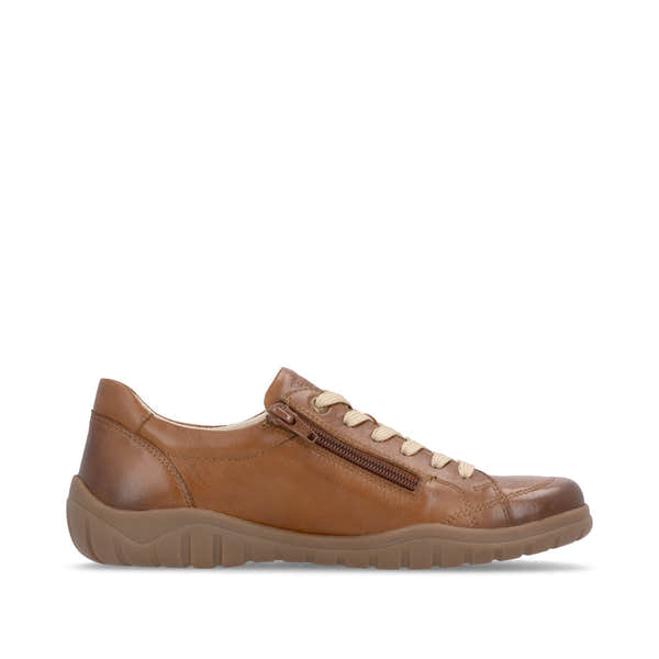 Remonte D3T00-24 women's wide brown leather water resistant zip & lace shoes, outer side view.