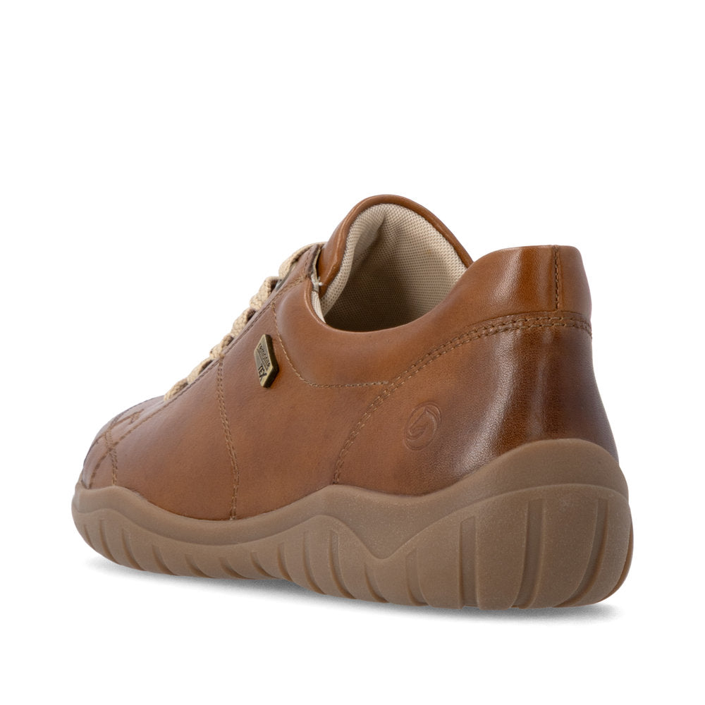 Remonte D3T00-24 women's wide brown leather water resistant zip & lace shoes, rear three-quarter view.