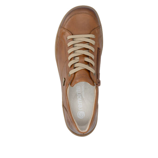 Remonte D3T00-24 women's wide brown leather water resistant zip & lace shoes, top view.