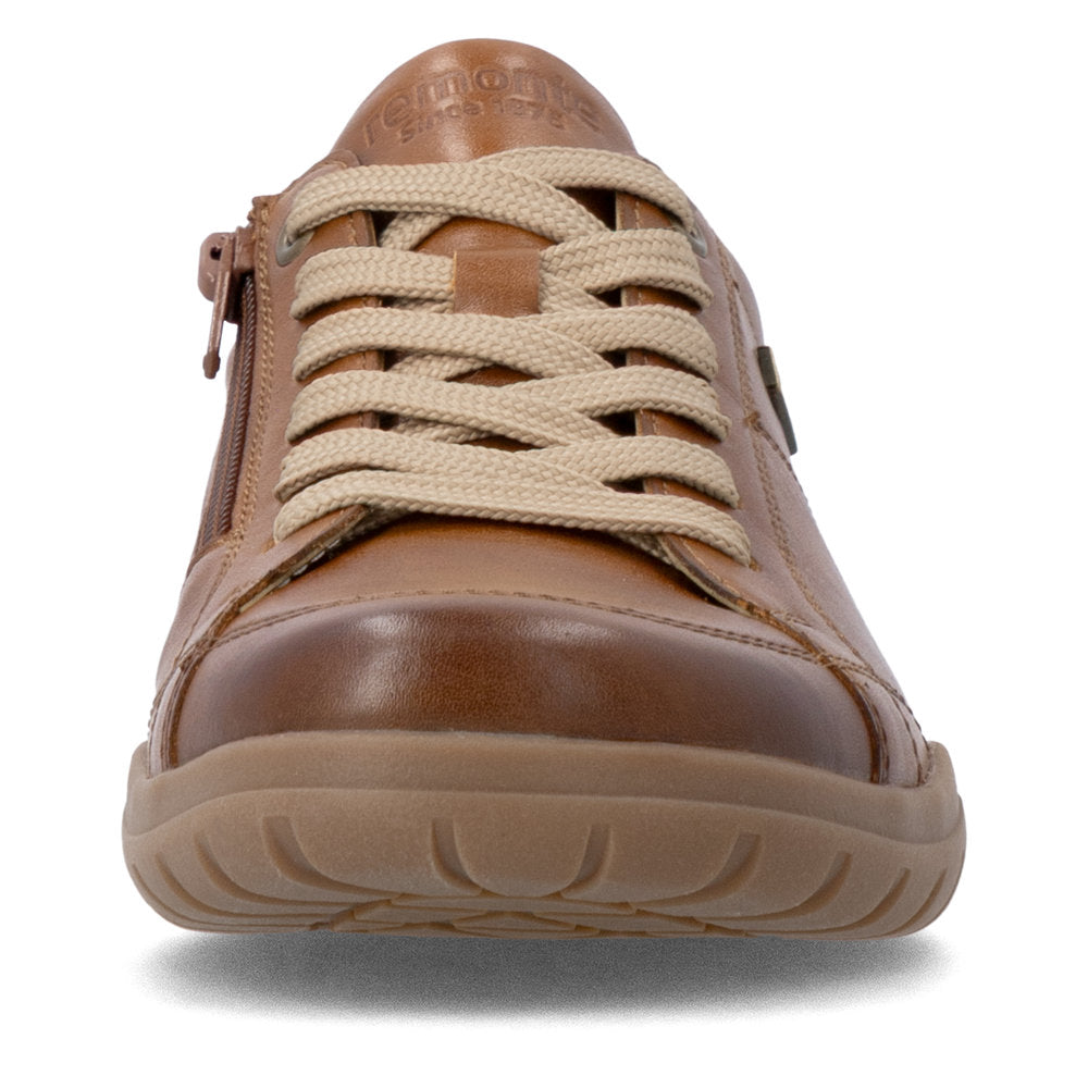Remonte D3T00-24 women's wide brown leather water resistant zip & lace shoes, front view.