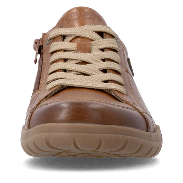 Remonte D3T00-24 women's wide brown leather water resistant zip & lace shoes, front view.