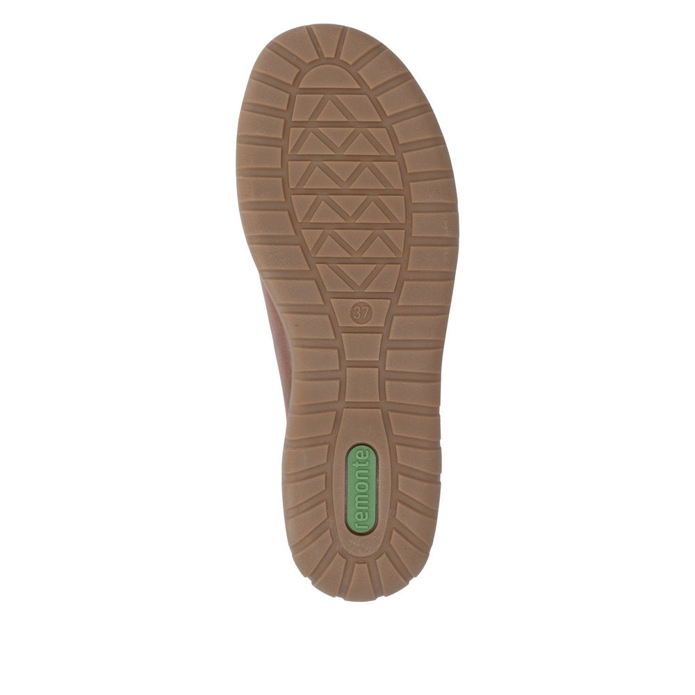 Remonte D3T00-24 women's wide brown leather water resistant zip & lace shoes, sole and tread view.