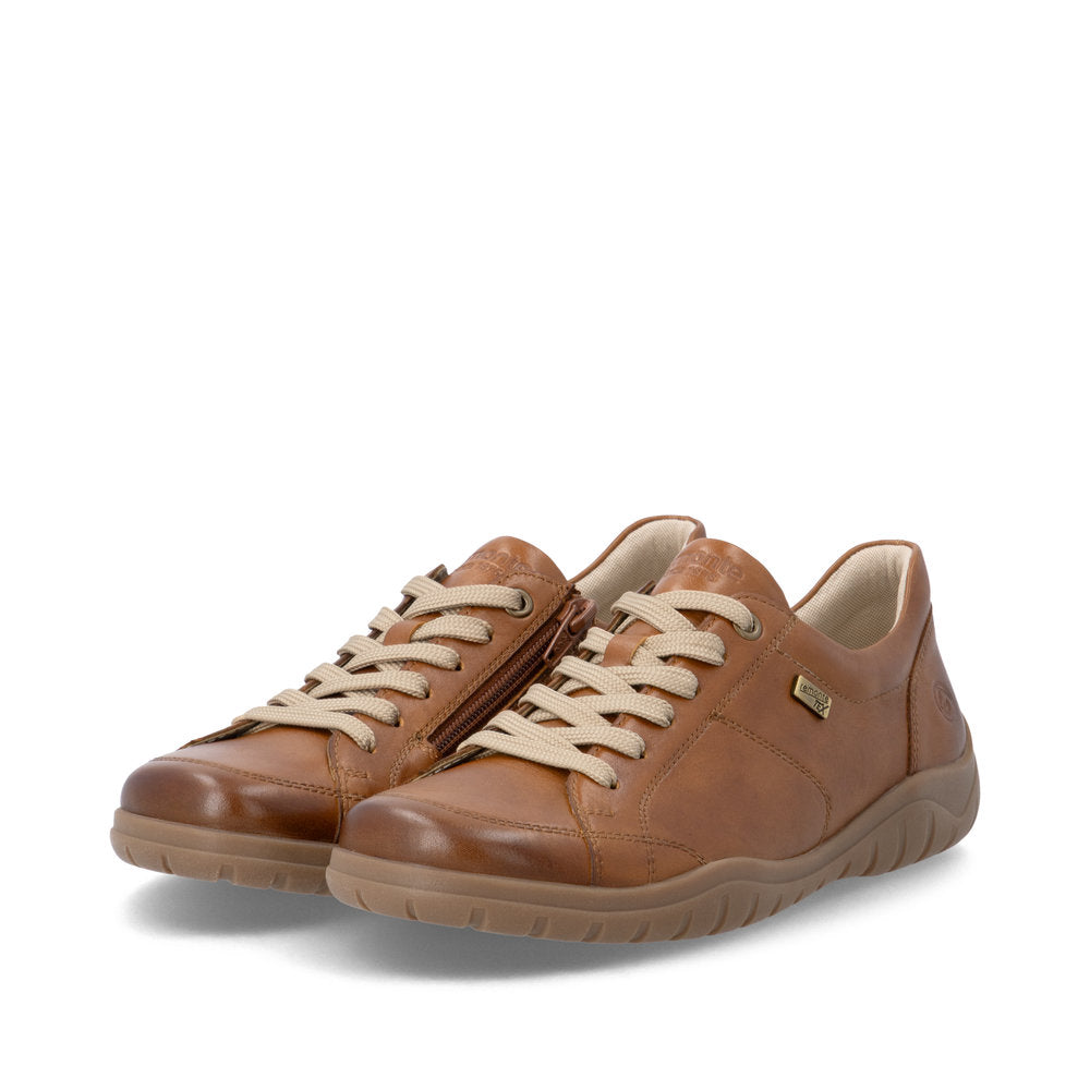 Remonte D3T00-24 women's wide brown leather water resistant zip & lace shoes, paired three-quarter view.