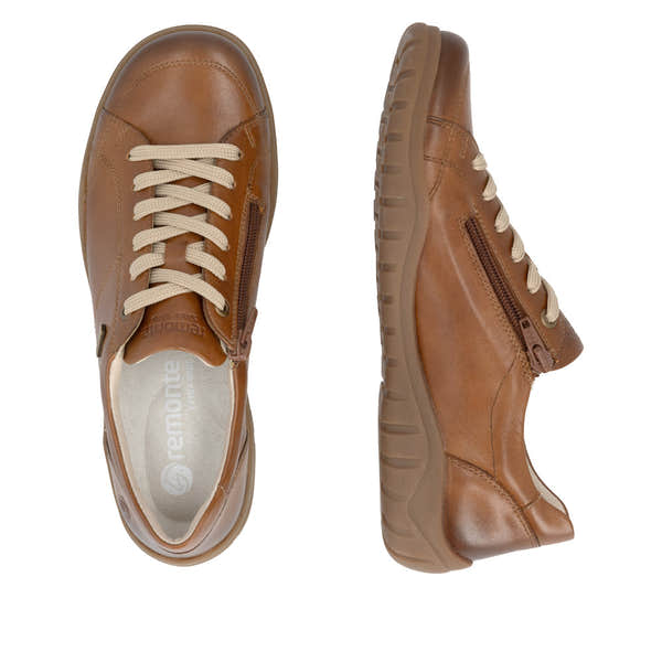 Remonte D3T00-24 women's wide brown leather water resistant zip & lace shoes, two-angle product view.