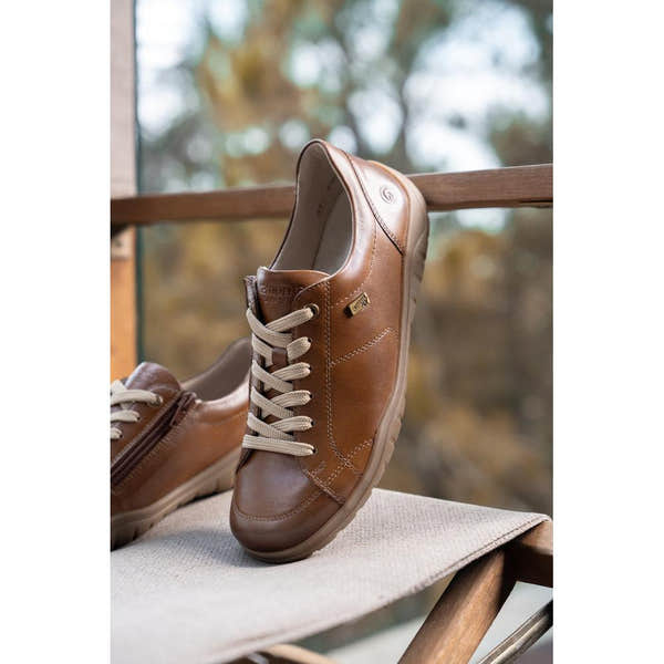 Remonte D3T00-24 women's wide brown leather water resistant zip & lace shoes, lifestyle view 2 of 3.