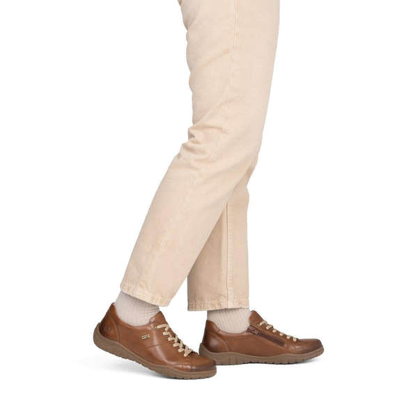 Remonte D3T00-24 women's wide brown leather water resistant zip & lace shoes, on-foot lifestyle view.
