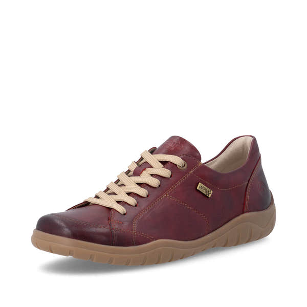 Remonte D3T00-35 women's wide red leather water resistant zip & lace shoes, front three-quarter view.
