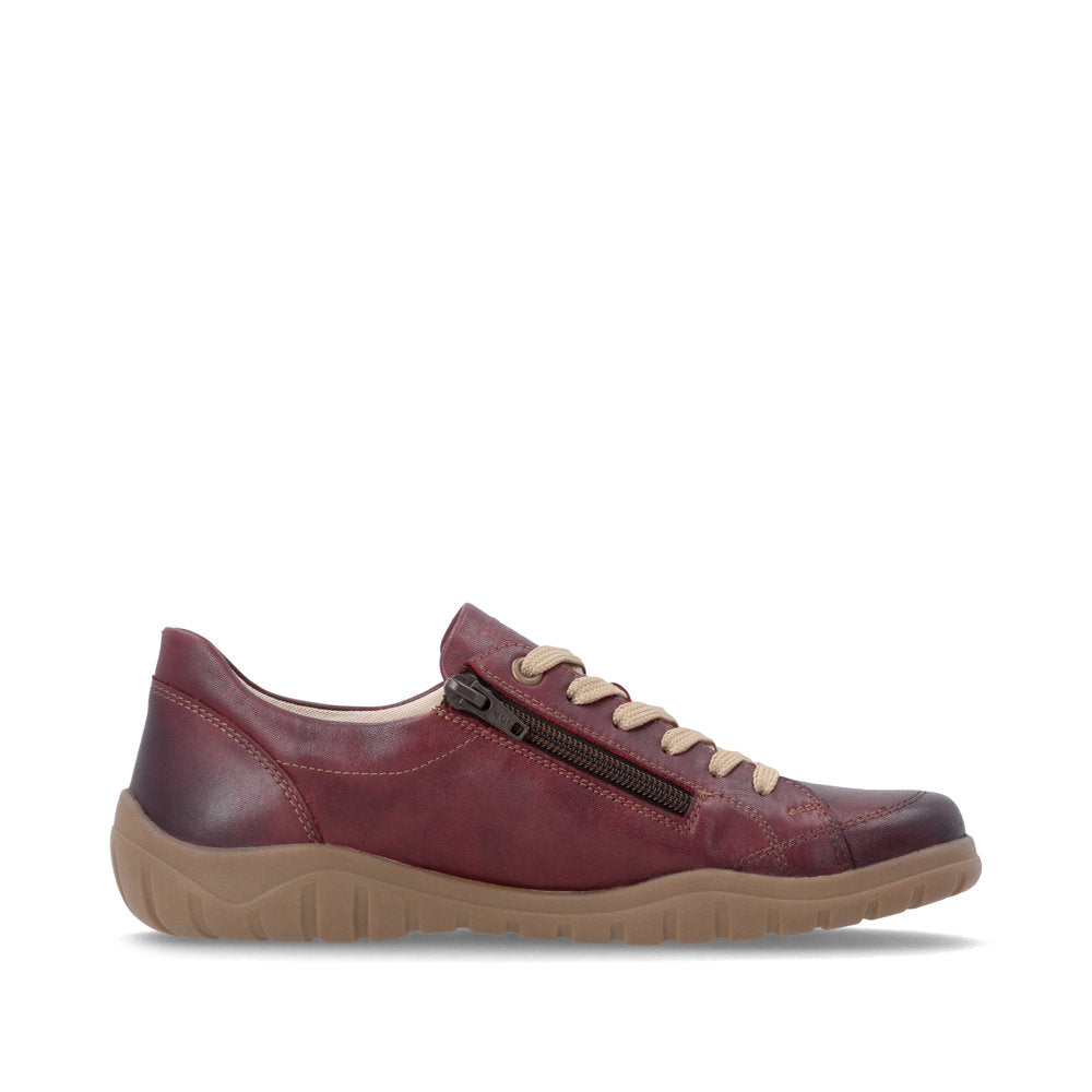 Remonte D3T00-35 women's wide red leather water resistant zip & lace shoes, outer side view.