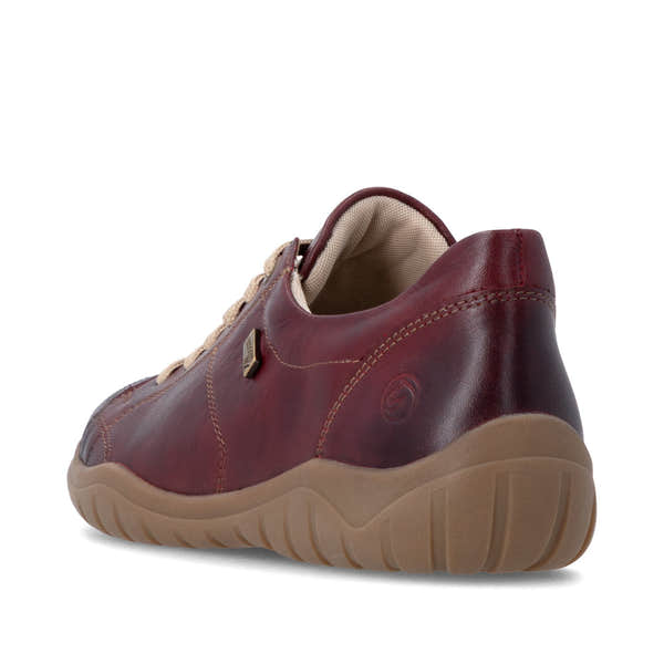 Remonte D3T00-35 women's wide red leather water resistant zip & lace shoes, rear three-quarter view.