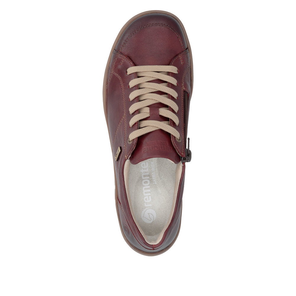 Remonte D3T00-35 women's wide red leather water resistant zip & lace shoes, top view.