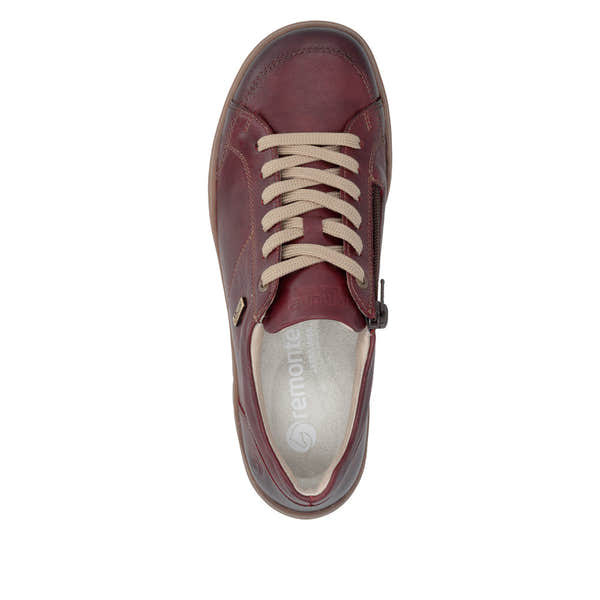 Remonte D3T00-35 women's wide red leather water resistant zip & lace shoes, top view.