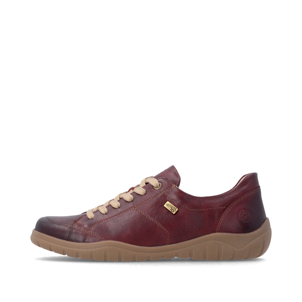 Remonte D3T00-35 women's wide red leather water resistant zip & lace shoes, inner side view.