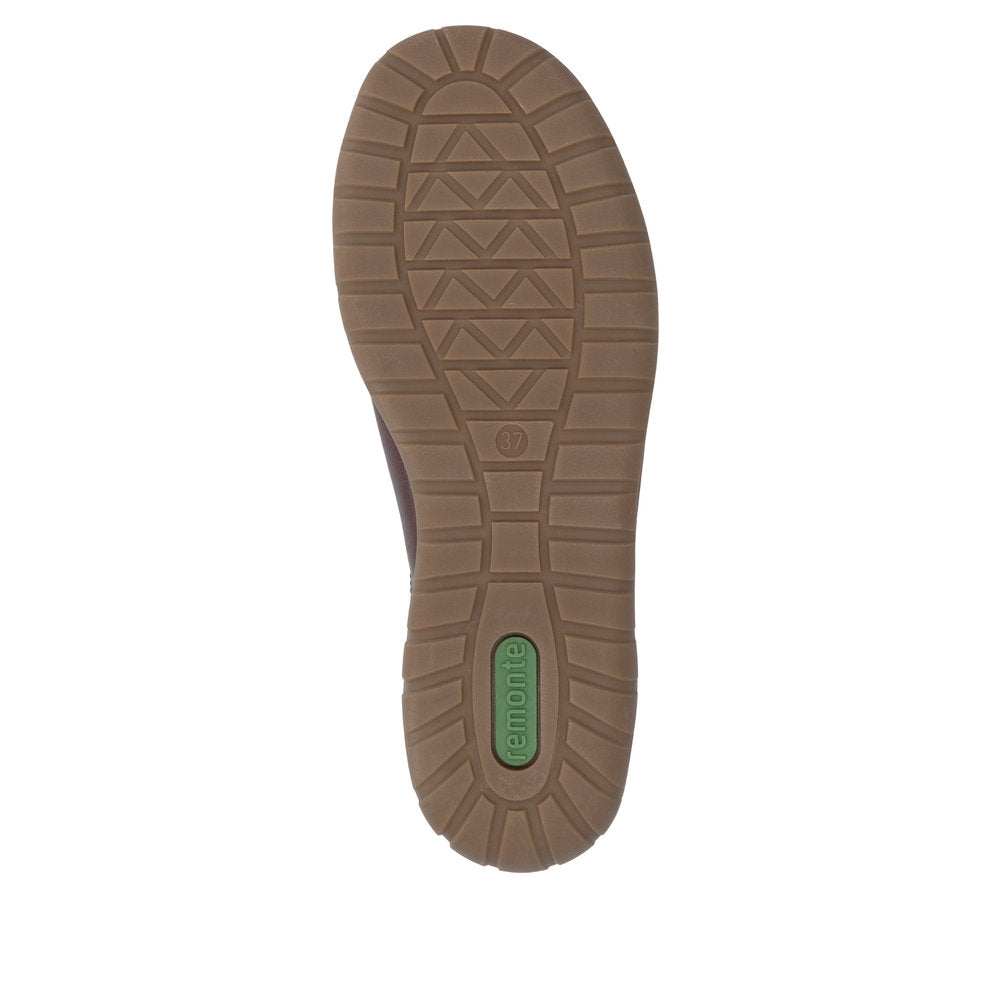 Remonte D3T00-35 women's wide red leather water resistant zip & lace shoes, sole and tread view.
