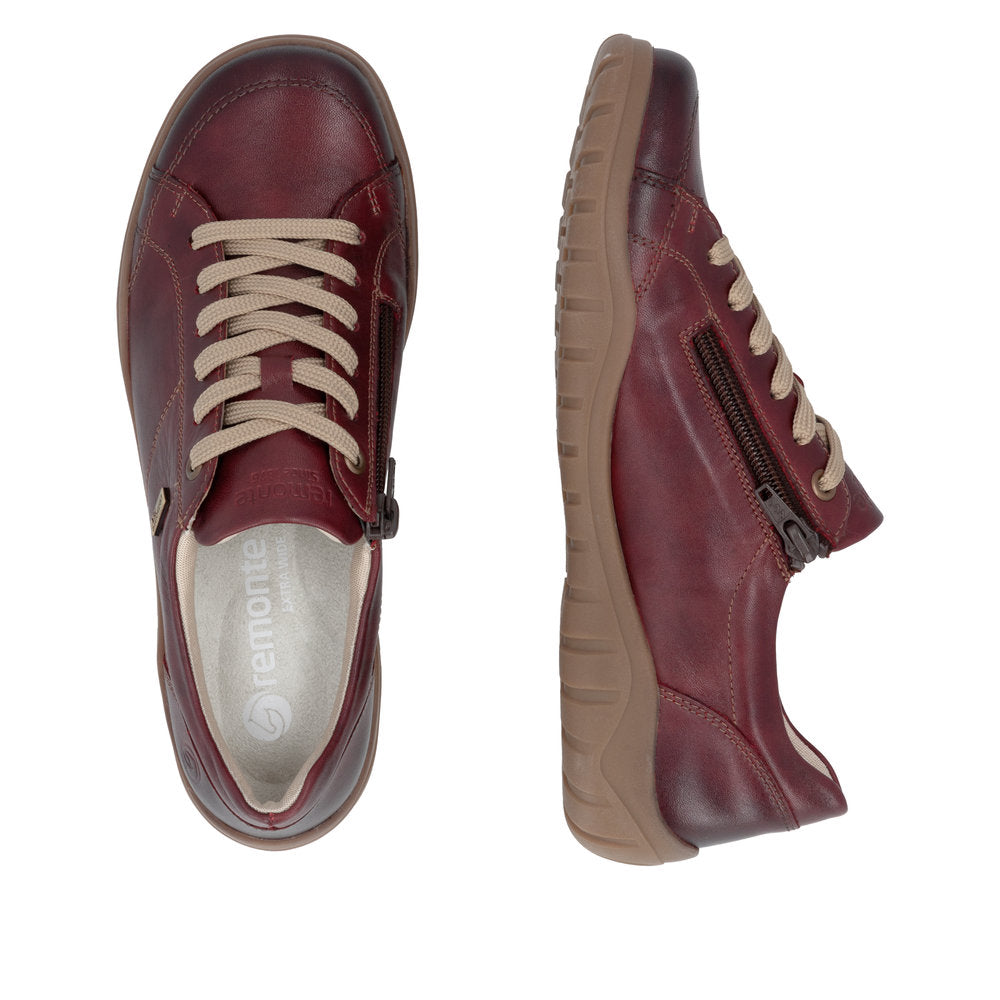 Remonte D3T00-35 women's wide red leather water resistant zip & lace shoes, two-angle product view.