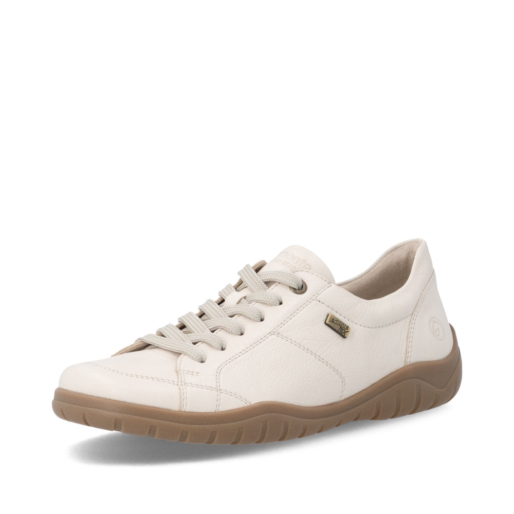 Remonte D3T00-60 women's wide beige leather water resistant zip & lace shoes, front three-quarter view.