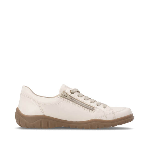 Remonte D3T00-60 women's wide beige leather water resistant zip & lace shoes, outer side view.
