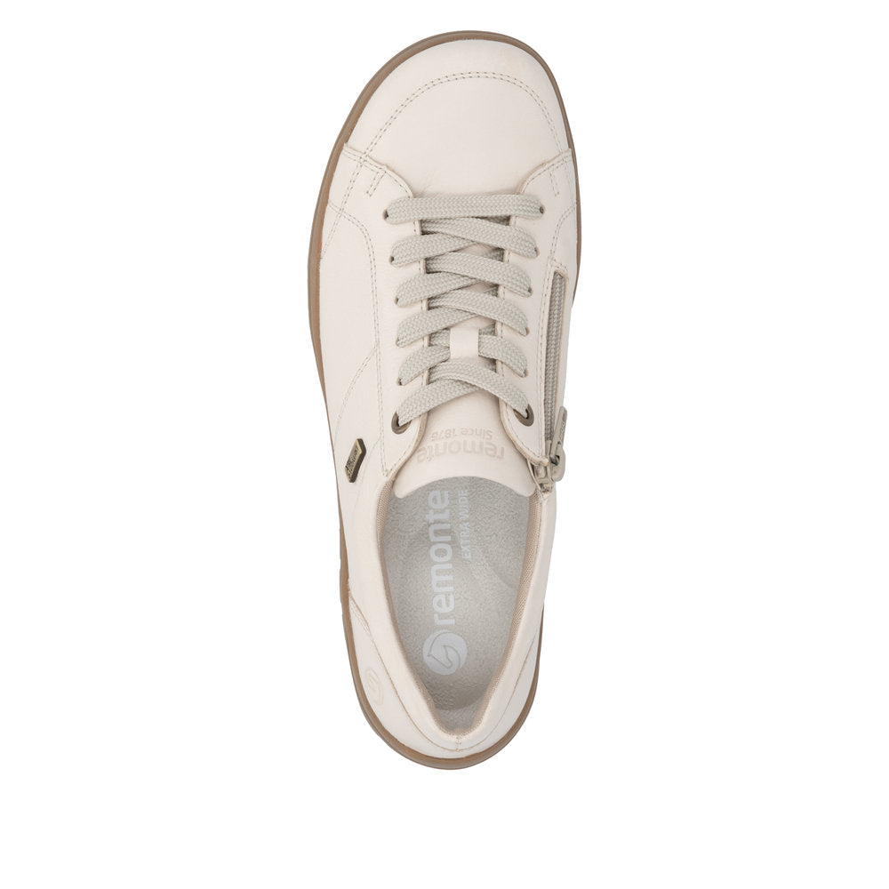Remonte D3T00-60 women's wide beige leather water resistant zip & lace shoes, top view.