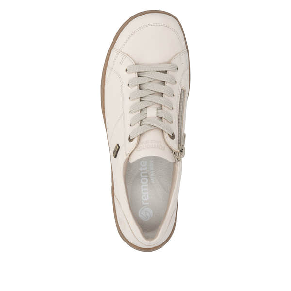 Remonte D3T00-60 women's wide beige leather water resistant zip & lace shoes, top view.