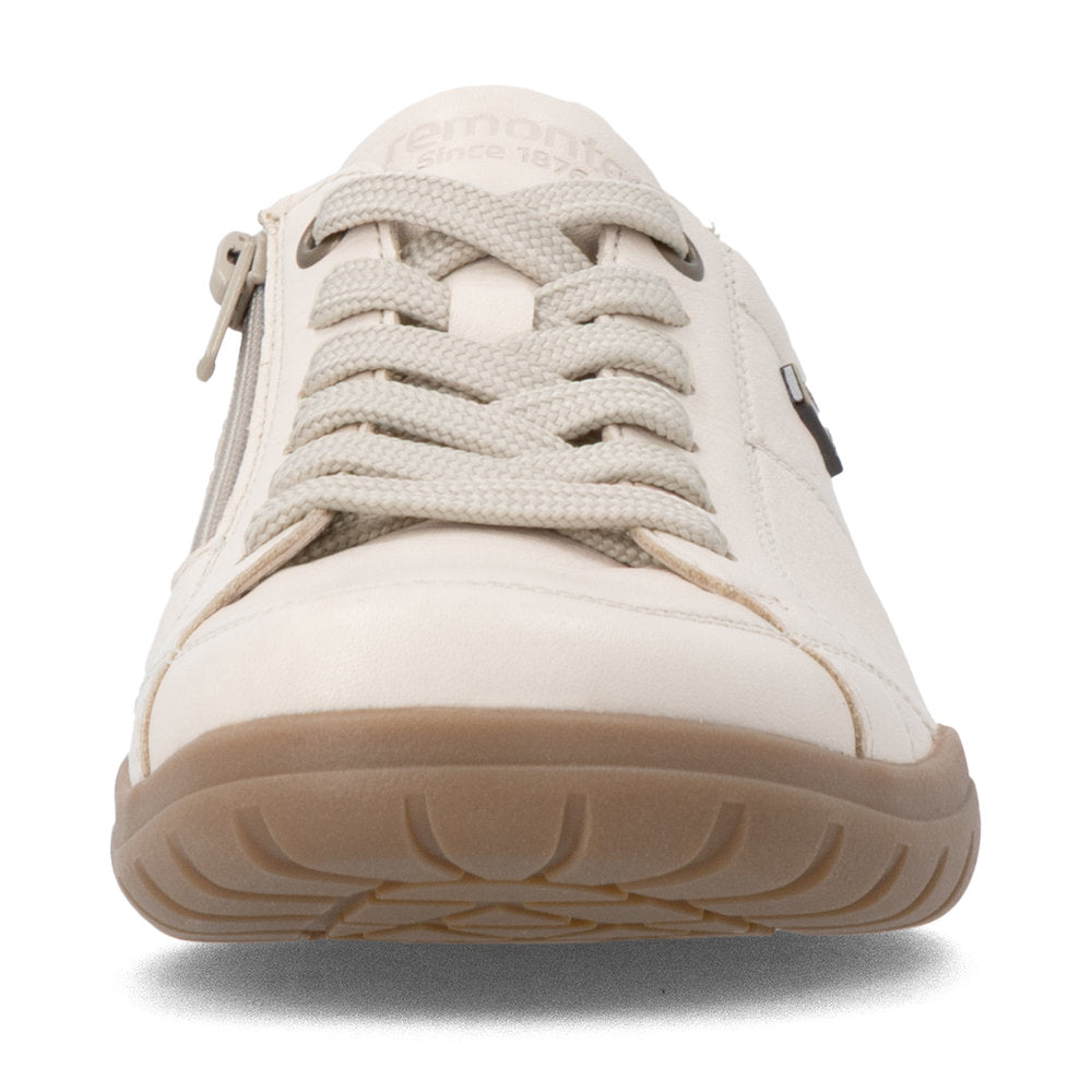 Remonte D3T00-60 women's wide beige leather water resistant zip & lace shoes, front view.