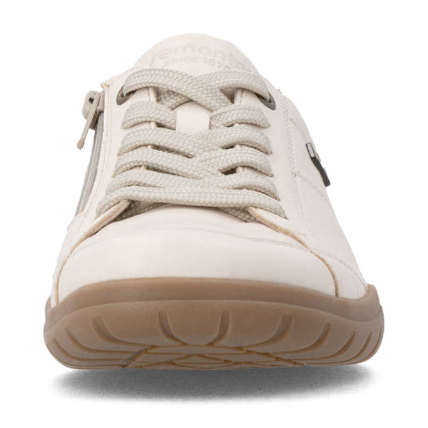 Remonte D3T00-60 women's wide beige leather water resistant zip & lace shoes, front view.