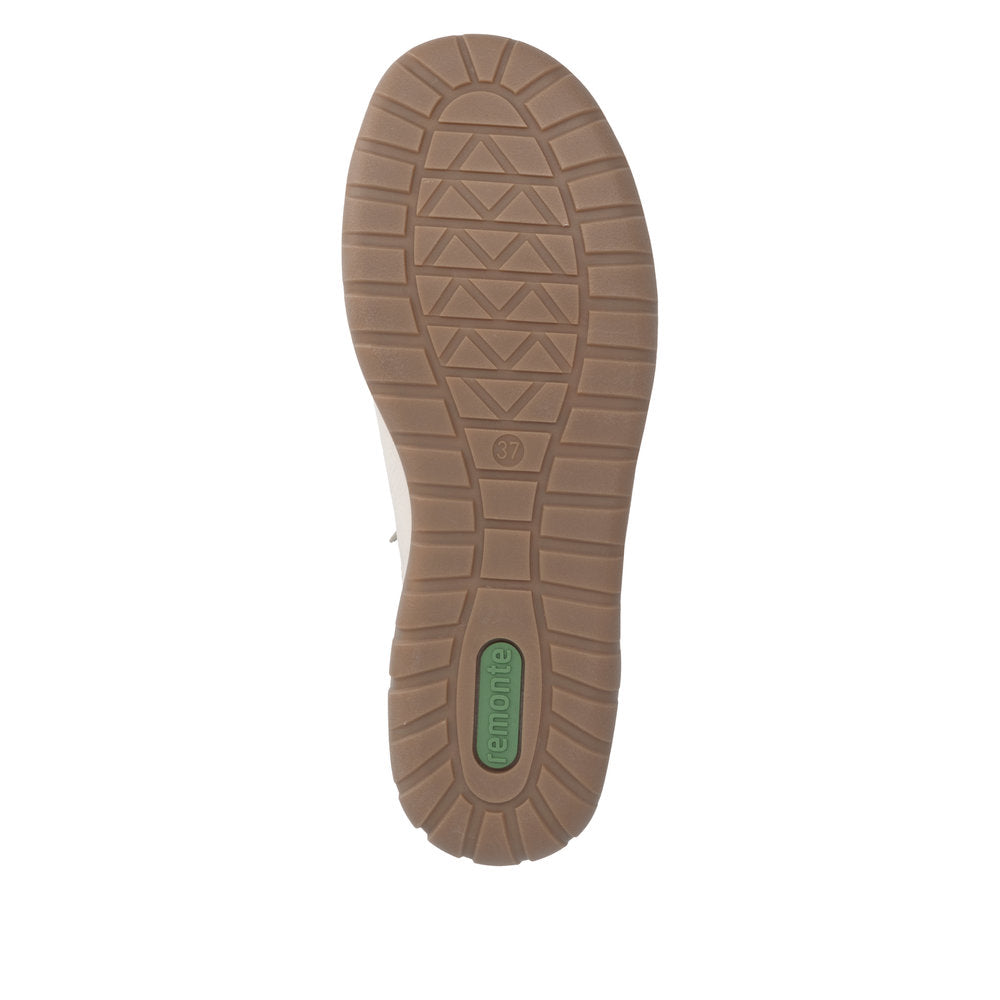 Remonte D3T00-60 women's wide beige leather water resistant zip & lace shoes, sole and tread view.