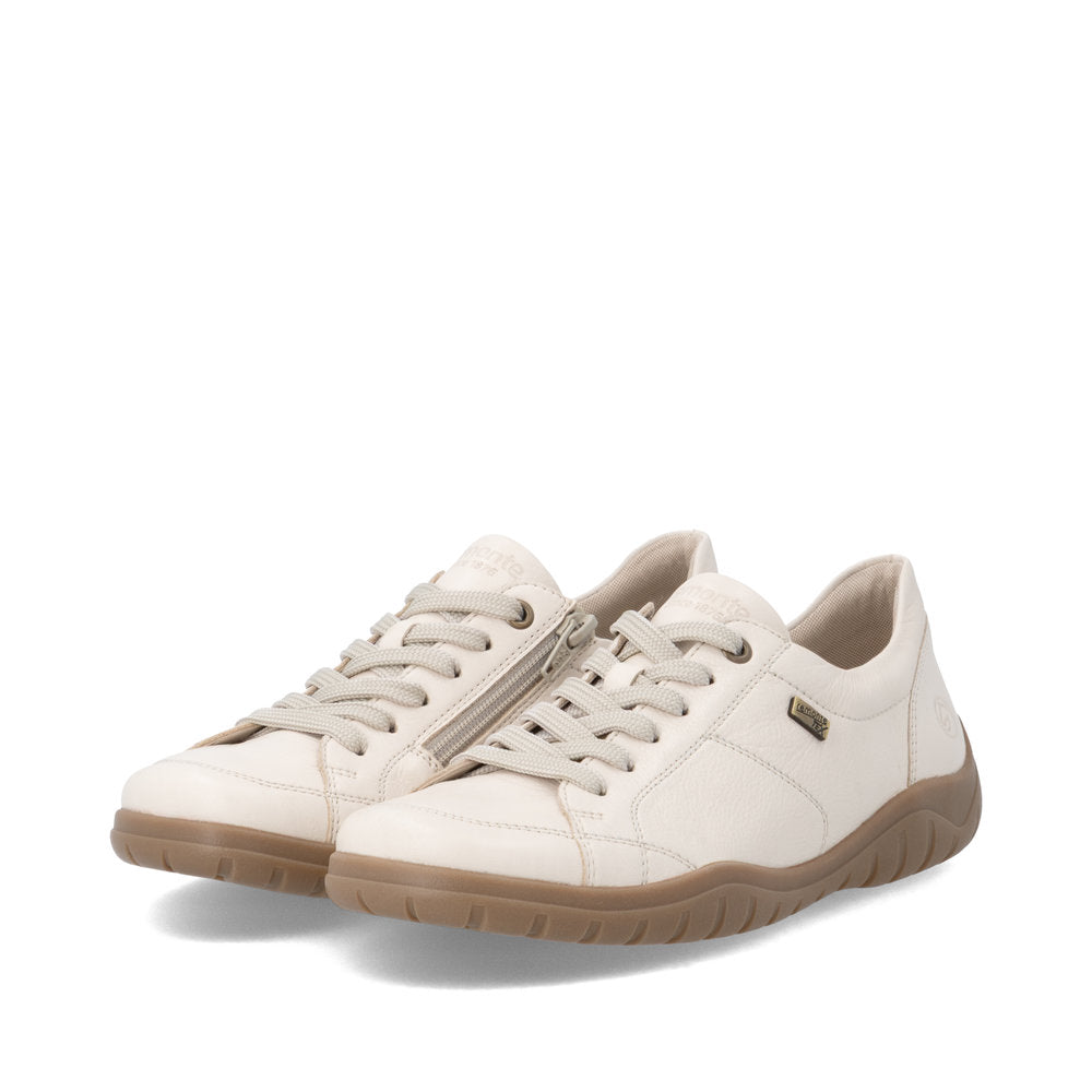 Remonte D3T00-60 women's wide beige leather water resistant zip & lace shoes, paired three-quarter view.