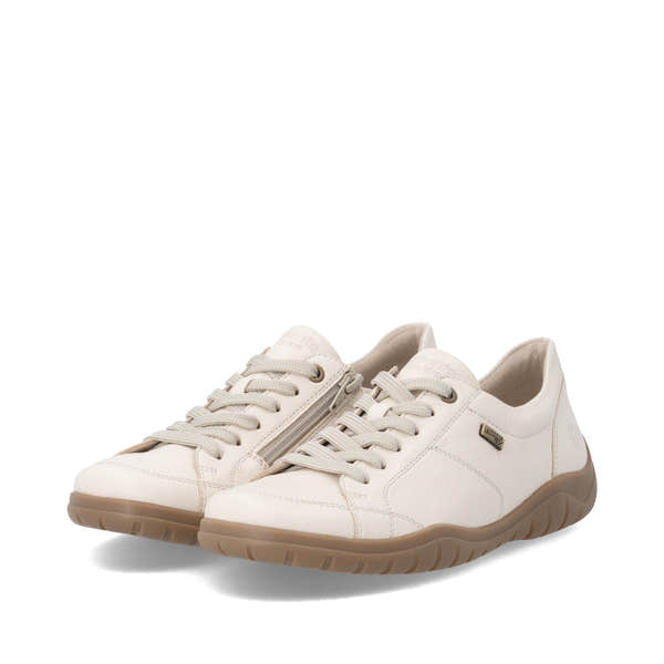 Remonte D3T00-60 women's wide beige leather water resistant zip & lace shoes, paired three-quarter view.