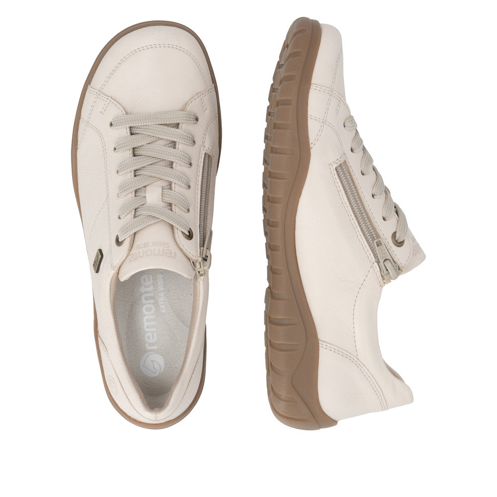 Remonte D3T00-60 women's wide beige leather water resistant zip & lace shoes, two-angle product view.