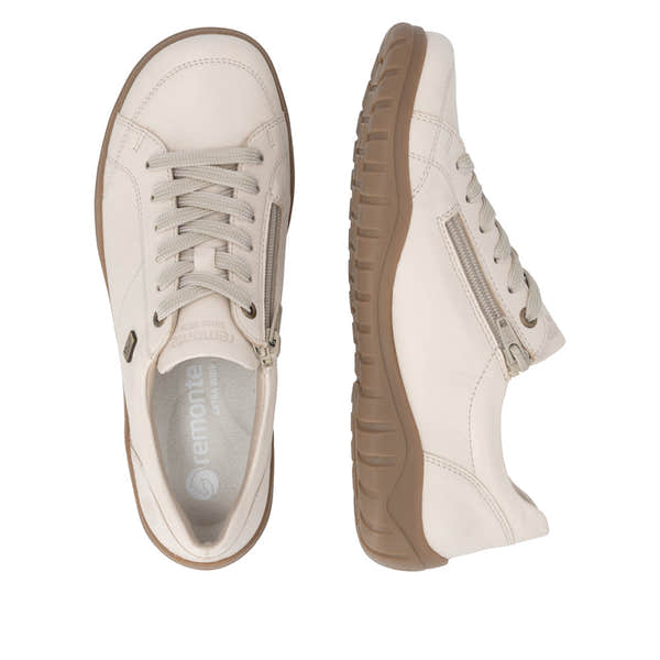 Remonte D3T00-60 women's wide beige leather water resistant zip & lace shoes, two-angle product view.