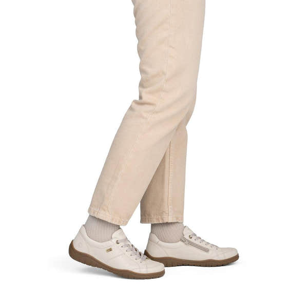 Remonte D3T00-60 women's wide beige leather water resistant zip & lace shoes, on-foot lifestyle view.