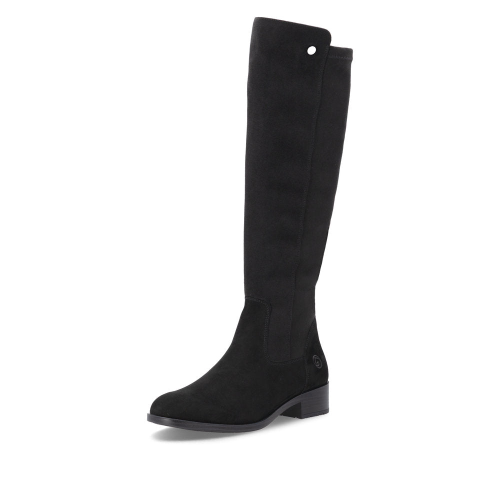 Remonte D3U70-00 women's wide black leather & textile side zip knee high boots, front three-quarter view.