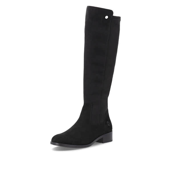Remonte D3U70-00 women's wide black leather & textile side zip knee high boots, front three-quarter view.