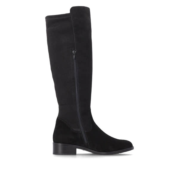 Remonte D3U70-00 women's wide black leather & textile side zip knee high boots, outer side view.